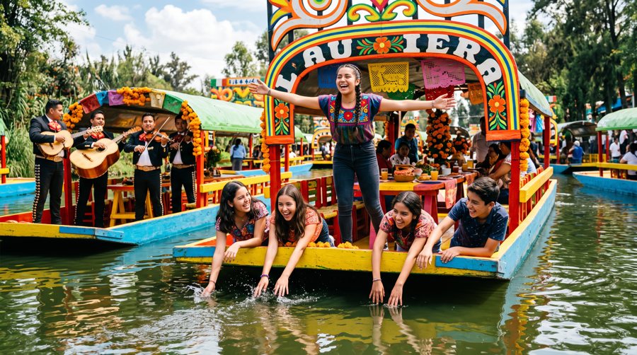 Teens on a colorful trajinera in Xochimilco