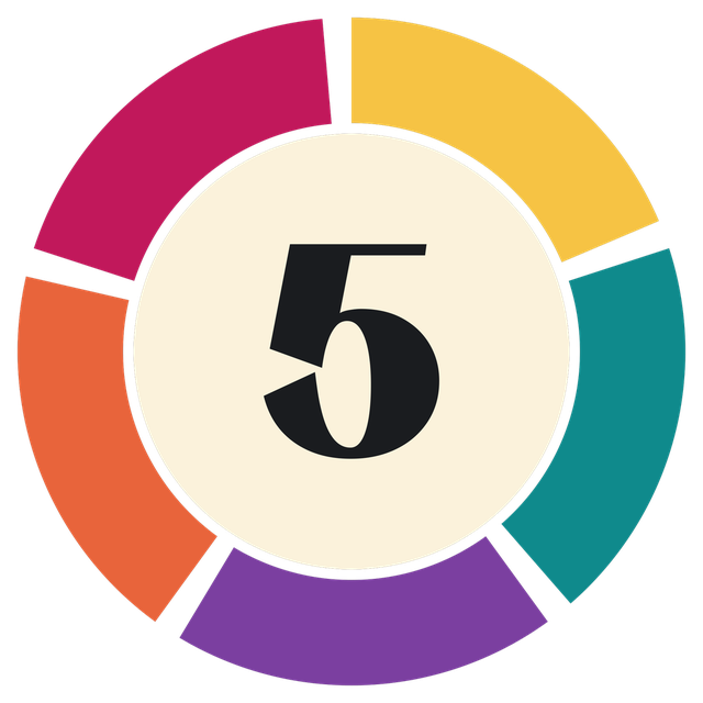 The ¡Dame Cinco! seal: a ring of five colors, one for each pillar, around a big 5