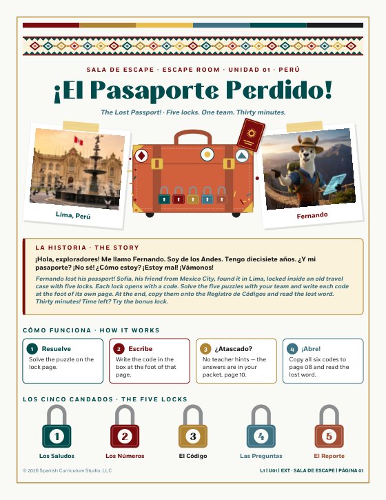 ¡El Pasaporte Perdido!: Spanish 1 Greetings, Numbers and Cognates Escape Room, Unidad 01 · Perú