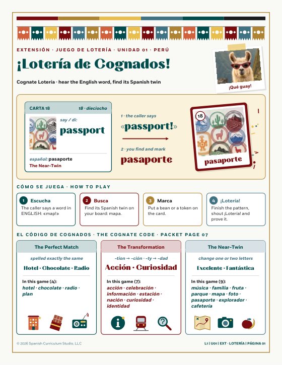 Lotería de Cognados: Spanish 1 Cognates and Numbers Bingo Game, Unidad 01 · Perú