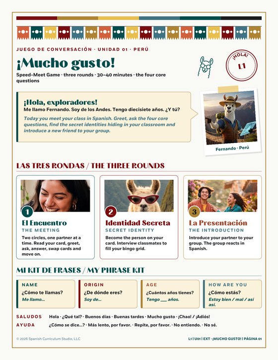 ¡Mucho gusto!: Spanish 1 Greetings and Introductions Speaking Game, Unidad 01 · Perú