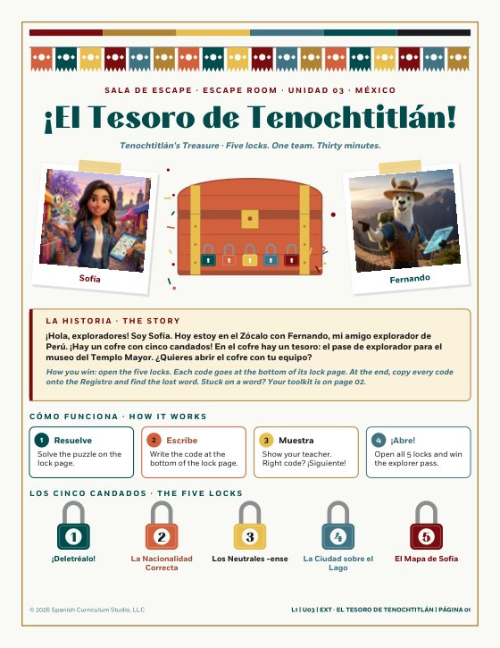 El Tesoro de Tenochtitlan: Spanish 1 Alphabet and Nationalities Escape Room, Unidad 03 · México