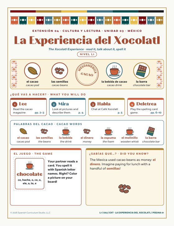La Experiencia del Xocolatl: Spanish 1 Alphabet Game and Cacao Culture Reading, Unidad 03 · México