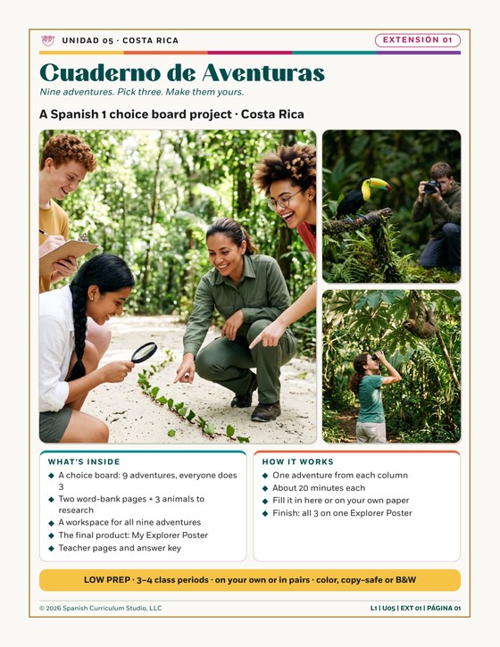 Page 1 of Cuaderno de Aventuras, a Spanish 1 choice board project set in Costa Rica