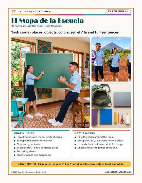 Page 1 of El Mapa de la Escuela, Spanish 1 verb ser and school objects task cards