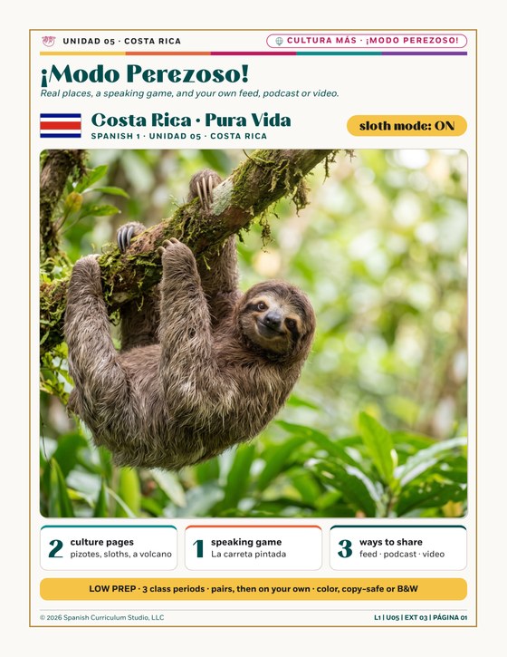 Page 1 of ¡Modo Perezoso!, Costa Rica culture pages for Spanish 1, with a sloth photo