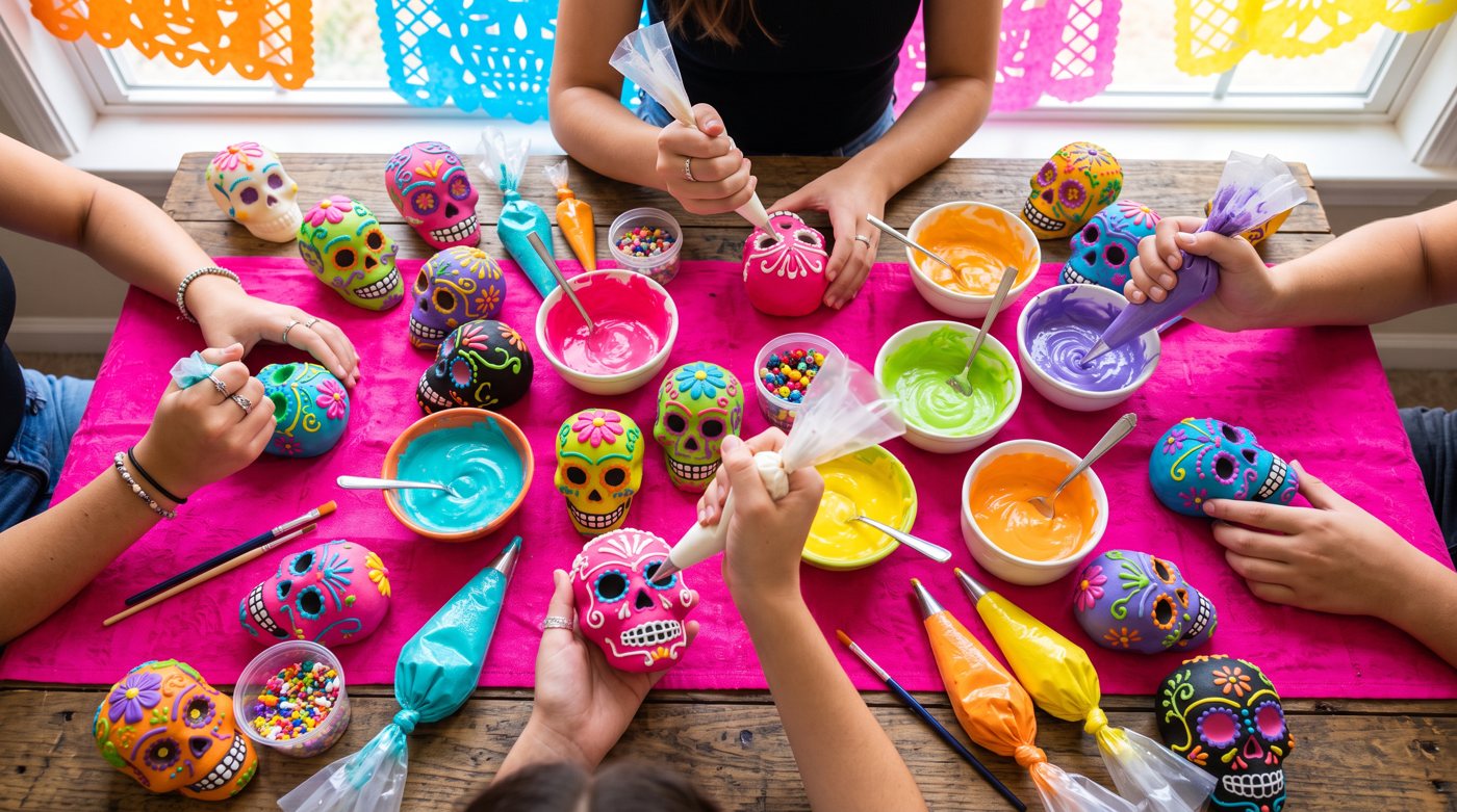 Students' hands decorating sugar skulls with bright icing