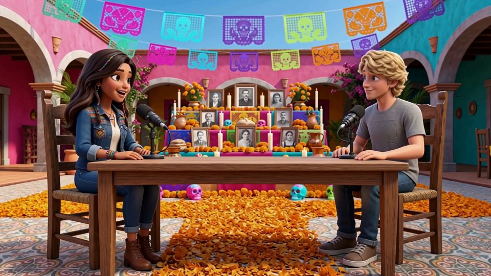 Sofía and Ethan record the podcast at an ofrenda