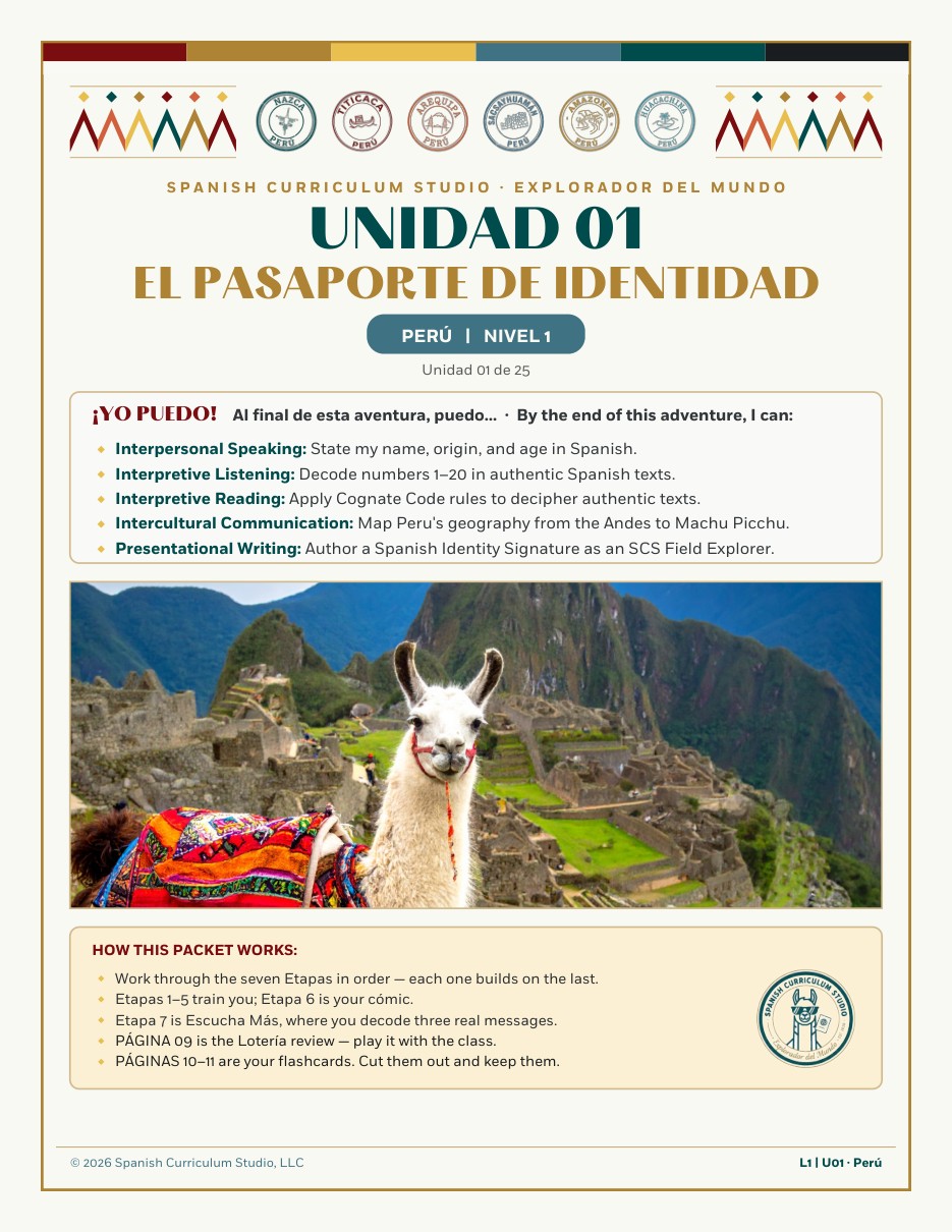 Unidad 01, El Pasaporte de Identidad: Spanish 1 student packet cover, Cognates, greetings and who I am, Perú
