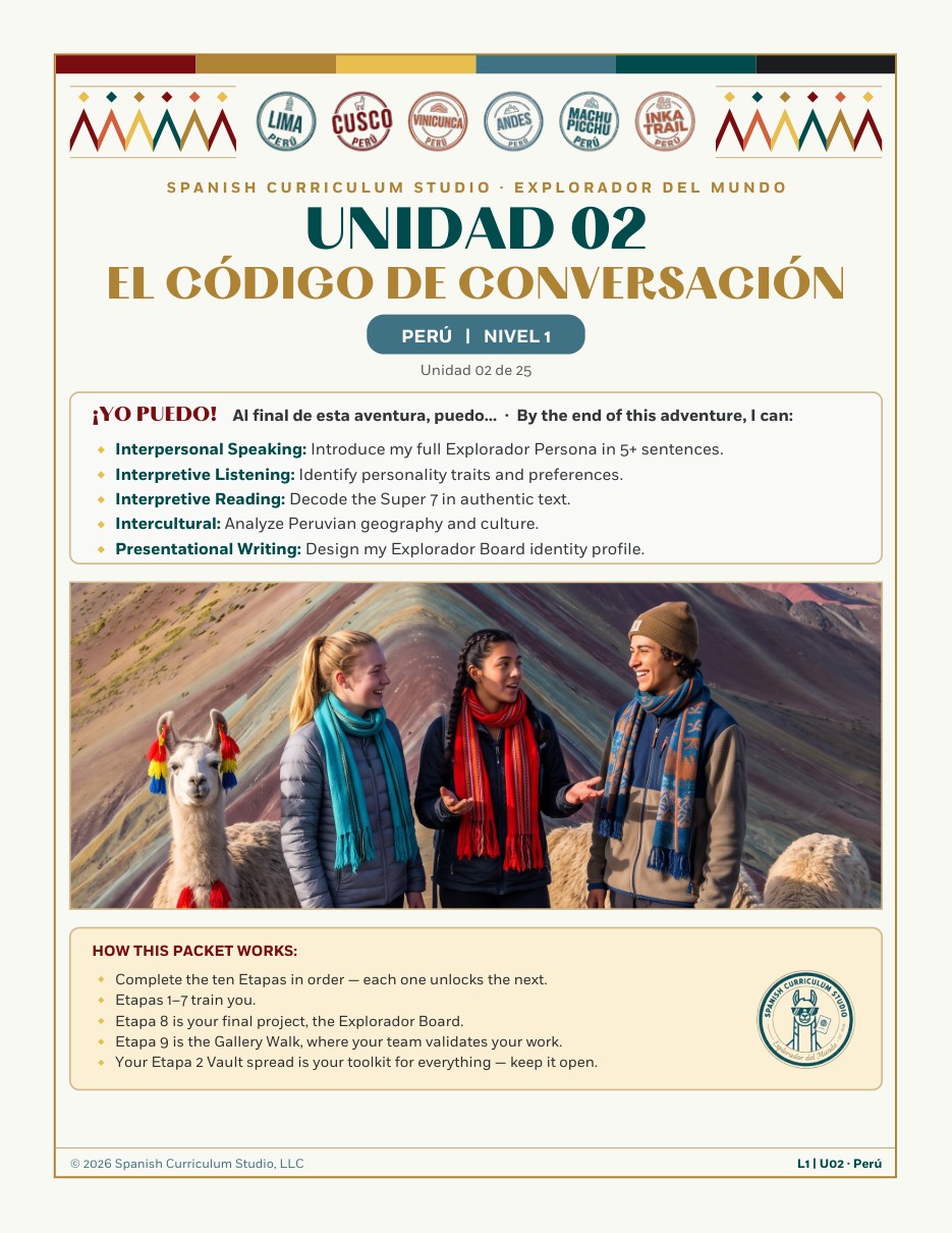 Unidad 02, El Código de Conversación: Spanish 1 student packet cover, Los Súper 7, the verbs for real conversation, Perú